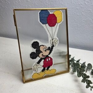 Vintage Mickey Mouse Cross Stitch Picture Gold Frame Holding Balloon Glass Decor